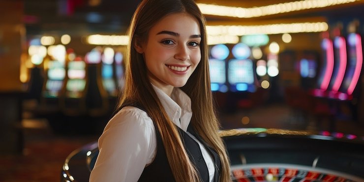 Live casino dealer at professional multi-camera studio table
